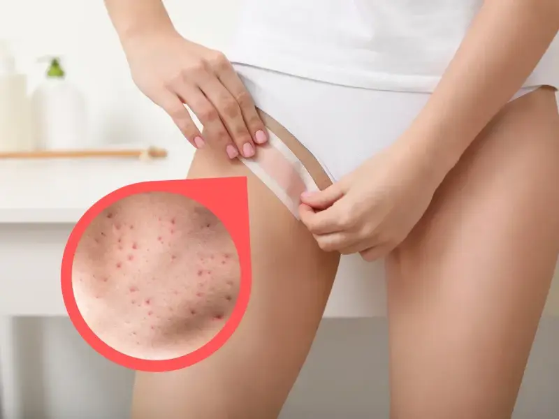 Zbliżenie na skórę z krostami po goleniu bikini. Dowiedz się, co na krosty po goleniu bikini pomoże.