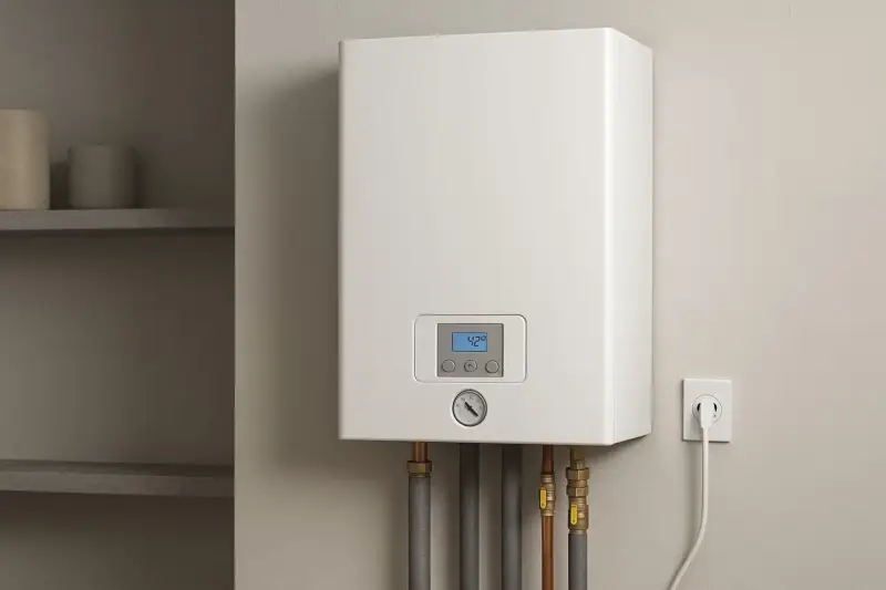 Nowoczesny piec elektryczny do ogrzewania domu, podłączony do gniazdka. Na wyświetlaczu 42 stopnie.