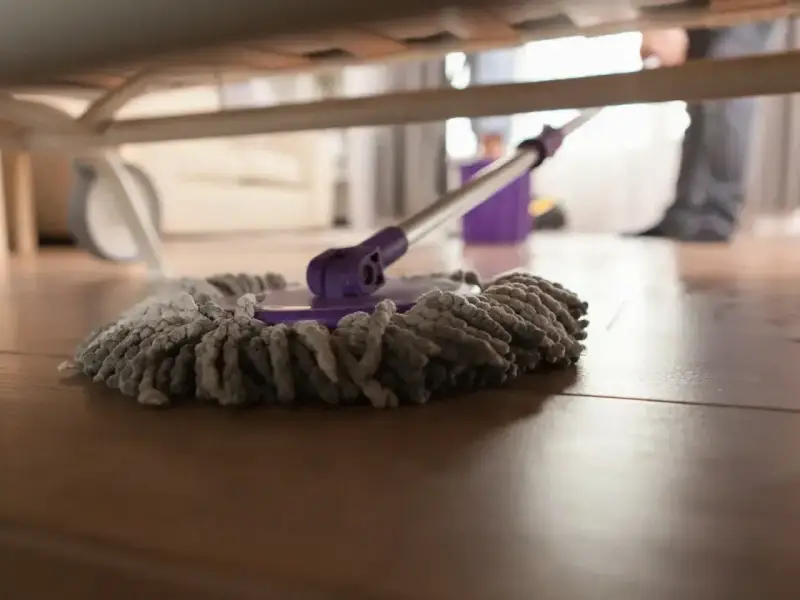 Mop pod łóżkiem, gotowy do czyszczenia paneli. W tle widać wiadro i nogi osoby sprzątającej.