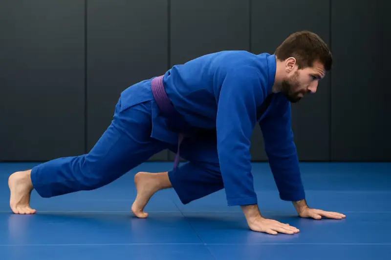 Mężczyzna w niebieskim kimonie z fioletowym pasem wykonuje ćwiczenie przygotowujące do treningu BJJ.