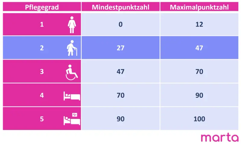 Tabelle zeigt Pflegegrade 1-5 mit Mindest- und Maximalpunktzahlen. Pflegegrad 2 umfasst 27-47 Punkte.
