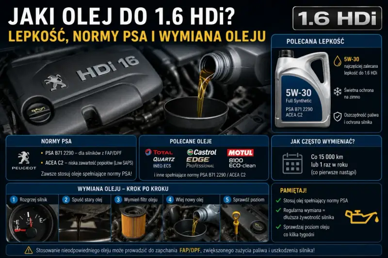 Jaki olej do 1.6 HDI 109km? Zalecana lepkość 5W-30, normy PSA B71 2290 / ACEA C2. Poradnik wymiany oleju.