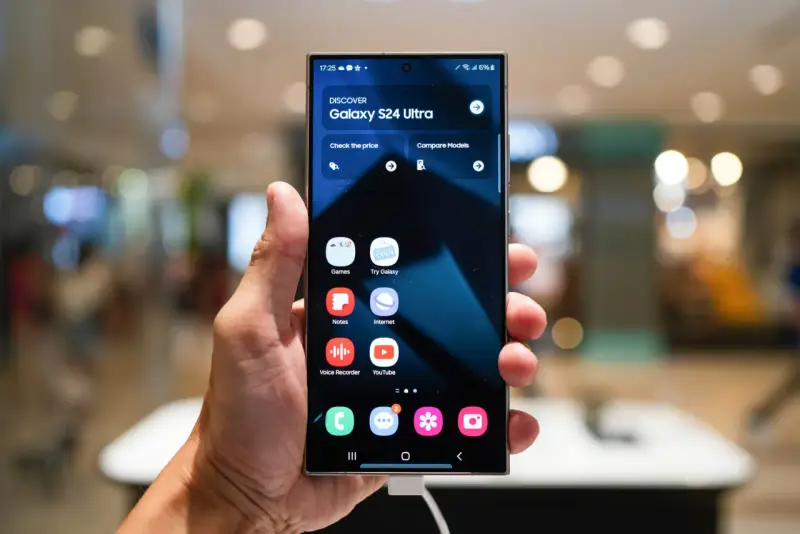 Dłoń trzyma smartfon z interfejsem One UI 6, prezentującym ekran startowy Galaxy S24 Ultra z ikonami aplikacji.