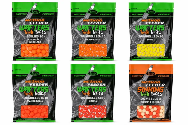 Zestaw feeder na leszcza: przynęty wafters i dumbells w różnych smakach i kolorach, idealne na karpia, leszcza i inne ryby.