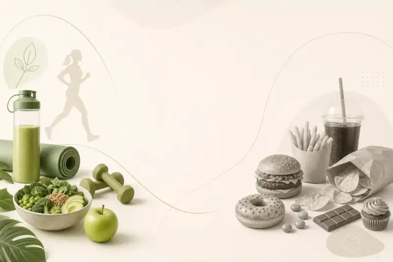 Zdrowa żywność vs. fast food. Tabela: co może jeść cukrzyk? Zielony koktajl, warzywa, jabłko, hantle, biegnąca sylwetka. Po drugiej stronie: burger, frytki, napój, chipsy, pączek, czekolada, babeczka.