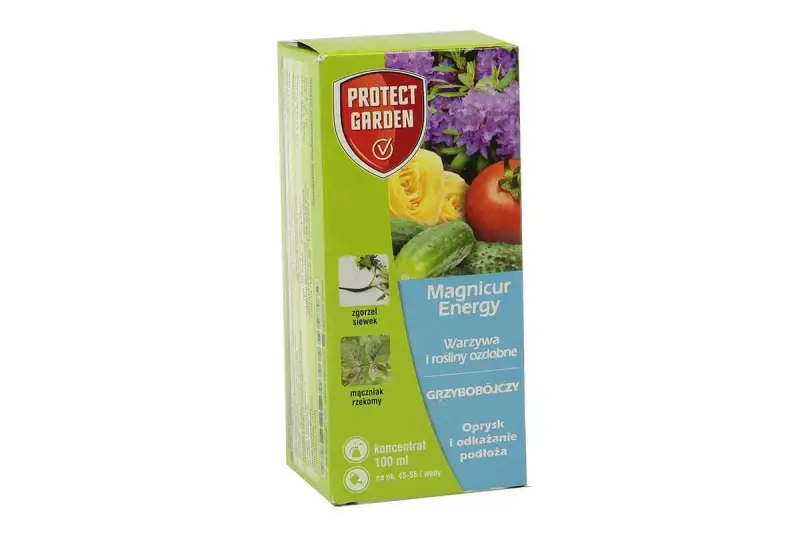 Opakowanie Protect Garden z produktem Magnicur Energy, środkiem grzybobójczym do warzyw i roślin ozdobnych, zwalczającym choroby takie jak zgorzel siewek i mączniak rzekomy.