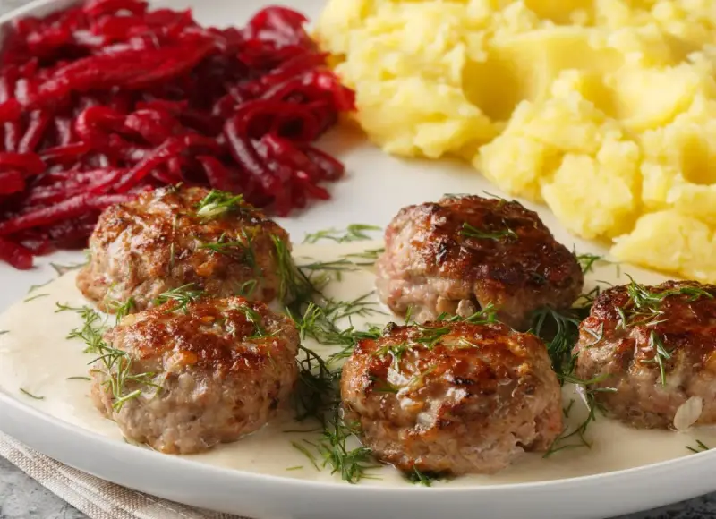 Pyszne klopsy w sosie, podane z puree ziemniaczanym i buraczkami. Idealny przepis na obiad!