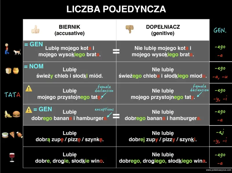 Tabela porównuje przypadki biernik i dopełniacz, pokazując, jak zmienia się partykuła w zdaniach.