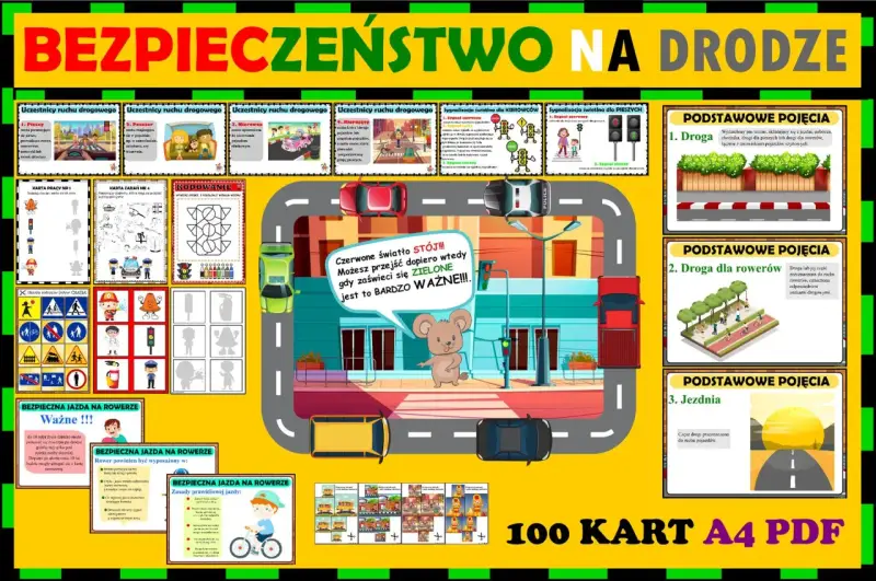 Ilustracja edukacyjna "Bezpieczeństwo na drodze" z zasadami ruchu drogowego dla dzieci, sygnalizacją świetlną i znakami.