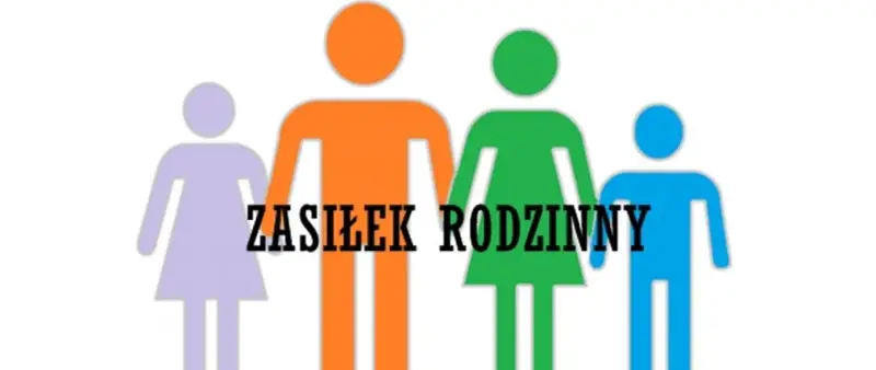 Kolorowe sylwetki rodziny z napisem "ZASIŁEK RODZINNY". Dowiedz się, świadczenia rodzinne do kiedy można pobierać.