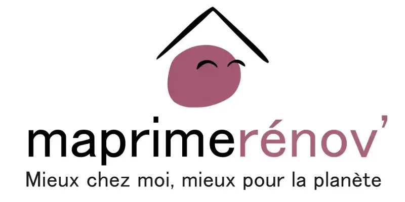 Logo Ma Prime Renov' violet, avec un toit stylisé et un visage souriant. "Mieux chez moi, mieux pour la planète.