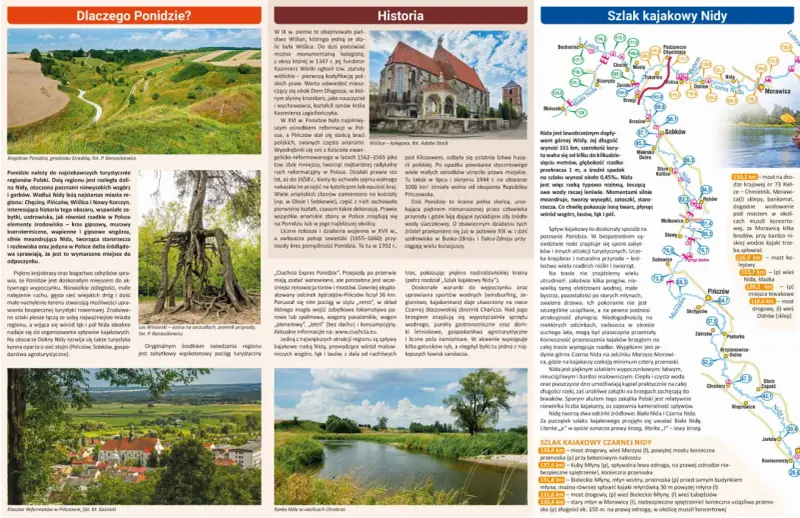 Mapa Ponidzia z zaznaczonymi szlakami kajakowymi Nidy. Opis regionu, jego historii i atrakcji turystycznych.