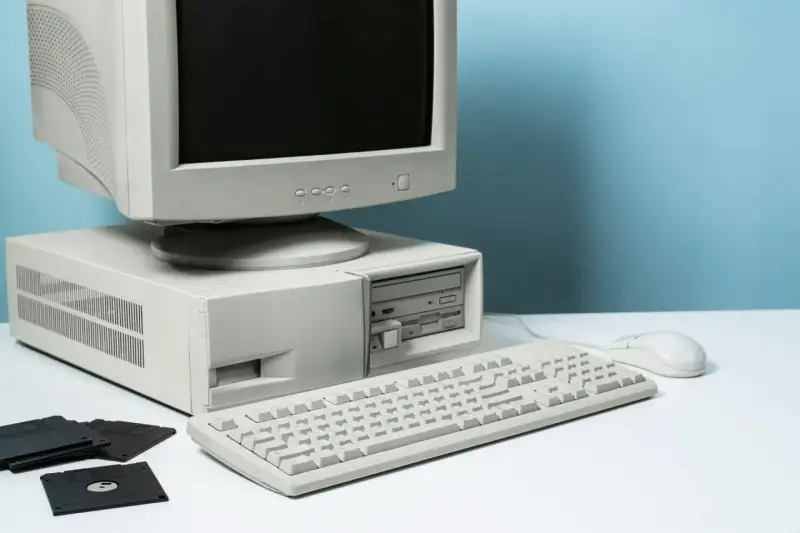 Stary komputer stacjonarny z monitorem CRT, klawiaturą, myszką i kilkoma dyskietkami.