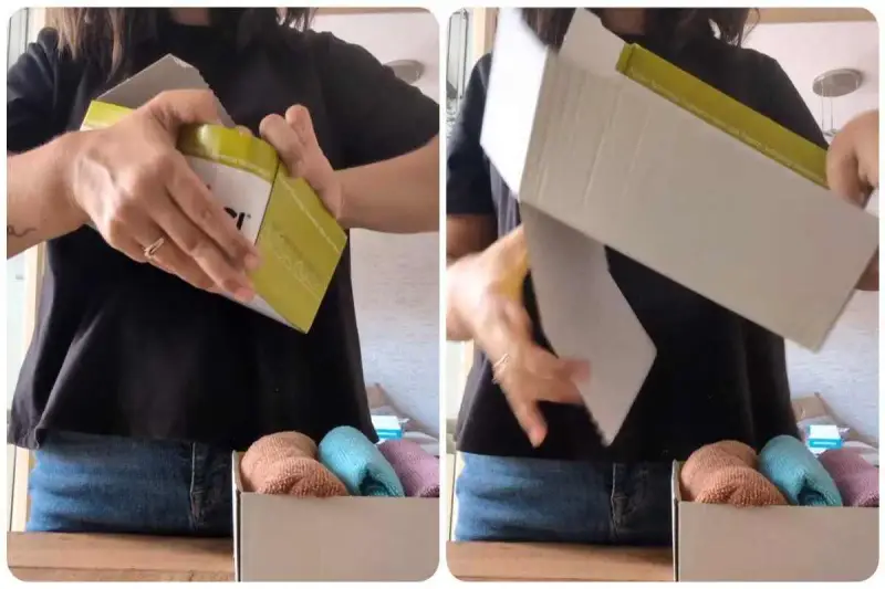Come sistemare le scarpe con le scatole: una persona apre una scatola, rivelando un interno organizzato con calzini piegati.