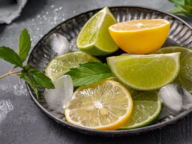 Plasterki cytryny i limonki, kostki lodu i listki mięty na metalowej tacy. Orzeźwiający zapach cytrusów, w tym limonen, unosi się w powietrzu.