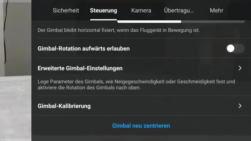 Einstellungen der dji gimbal app: Gimbal-Rotation, erweiterte Einstellungen und Kalibrierung.
