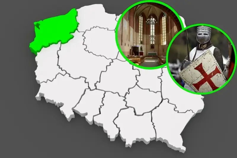 Mapa Polski z zaznaczonym Pomorzem Zachodnim, wnętrzem kościoła i rycerzem w zbroi. Odkryj zamki templariuszy w Polsce.