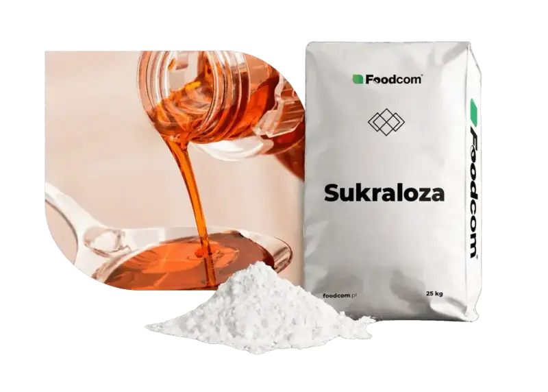 Słodzik sukraloza w proszku i płynie, obok białego worka z napisem "Sukraloza".