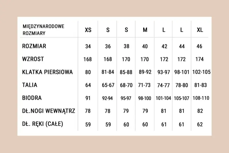 Tabela rozmiarów od XS do XL. Rozmiar 44/46 jaki to rozmiar? To L/XL, odpowiednie dla wzrostu 172 cm i obwodu bioder 105-107 cm.