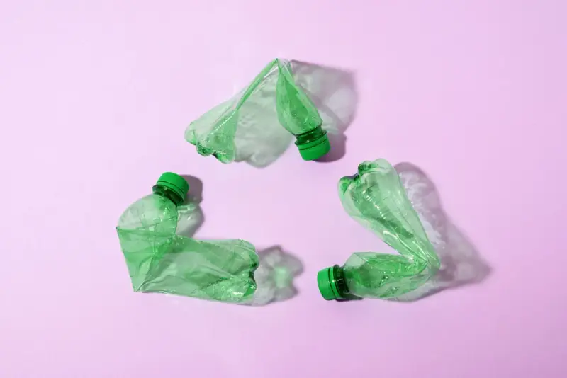 Trzy zielone, zgniecione butelki tworzą symbol recyklingu na różowym tle.