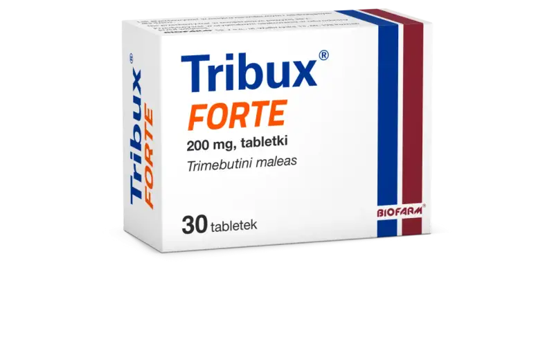 Opakowanie leku Tribux FORTE 200 mg, 30 tabletek. Pomaga na problemy z układem pokarmowym.
