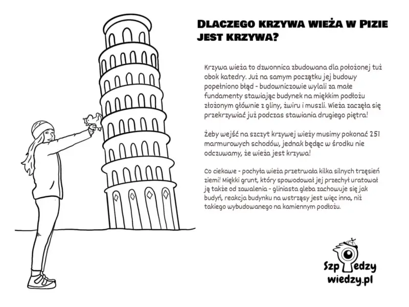 Dziewczynka z kotkiem przy krzywej wieży w Pizie. Dlaczego wieża w Pizie jest krzywa? Bo budowniczowie popełnili błąd.