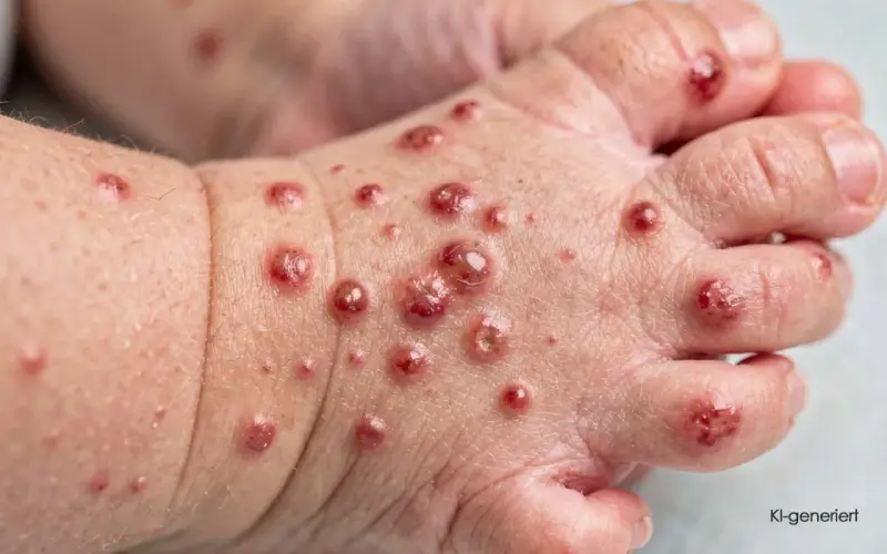 Haut eines Babys mit roten Pusteln und Bläschen, typisch für ansteckende Krankheiten wie Windpocken oder Hand-Fuß-Mund-Krankheit.