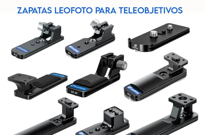 Varias zapatas Leofoto para cámara, diseñadas para teleobjetivos, con diferentes formas y tamaños.