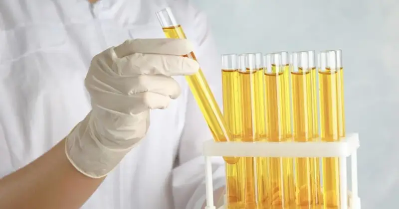 Ręka w rękawiczce laboratoryjnej trzyma probówkę z żółtym płynem. Obok stoi stojak z wieloma probówkami, zawierającymi ten sam płyn, być może roztwór cukru gronowego.