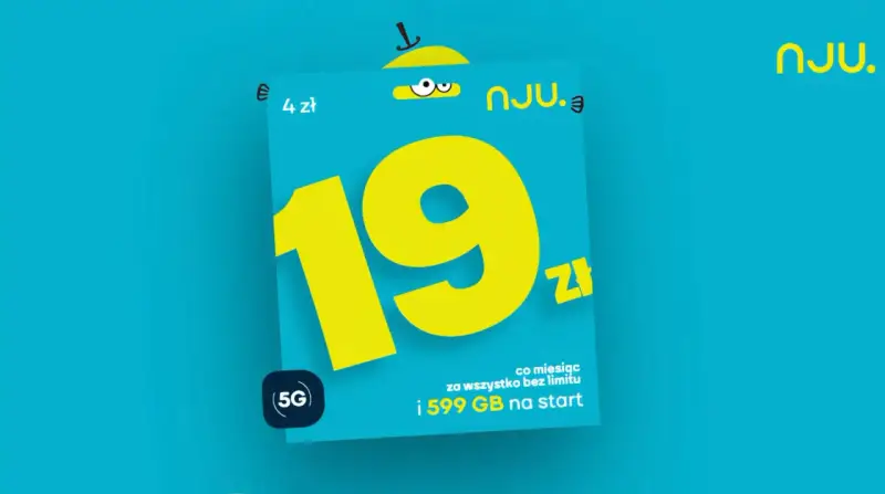 Nju mobile na kartę pakiety: 19 zł miesięcznie za wszystko bez limitu i 599 GB na start. 4 zł za 5G.
