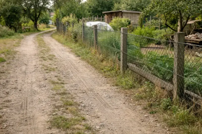 Droga wewnętrzna biegnie wzdłuż siatkowego ogrodzenia, wyznaczając minimalną odległość od granicy działki.
