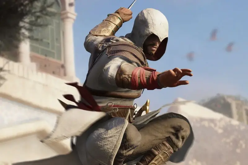 Basim, listo para la acción, con su hoja oculta lista. Los trofeos de Assassin's Creed Mirage esperan a los jugadores.