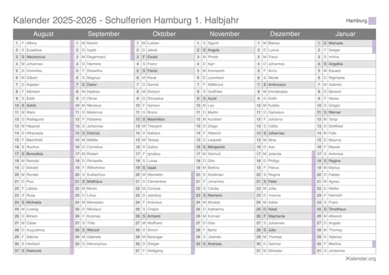 Kalender 2025-2026 mit Monatsübersichten und Namen.