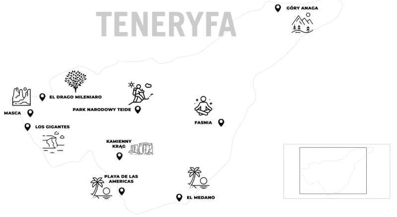 Mapa Teneryfy z ikonami: góry, turysta, medytacja, plaża. Idealna dla globtrotera planującego podróż.