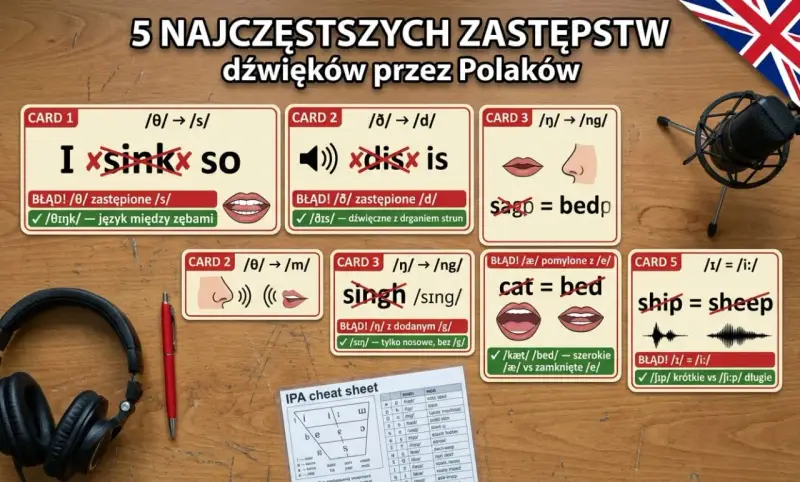 Karty z błędami wymowy po angielsku: jak się wymawia po angielsku "sink" zamiast "think", "dis" zamiast "this", "sing" zamiast "singh", "cat" zamiast "bed", "ship" zamiast "sheep".