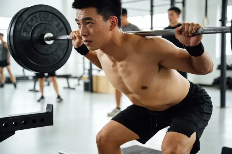 Un homme transpire en faisant un squat avec une barre chargée, un exercice clé pour un programme musculation prise de masse.
