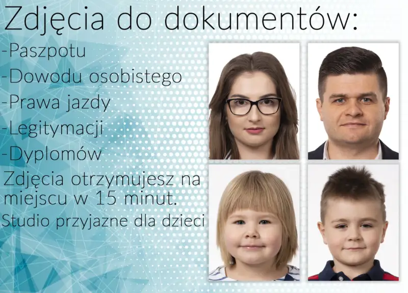 Zdjęcia do dowodu osobistego w okularach? Tak! Na zdjęciu widzimy cztery portrety: kobieta w okularach, mężczyzna, dziewczynka i chłopiec.