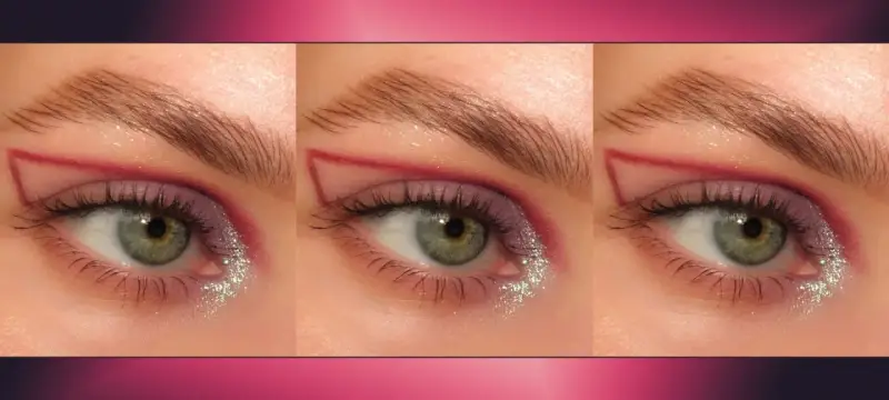 Ojos monolid con delineado gráfico rojo, sombra morada y glitter plateado.