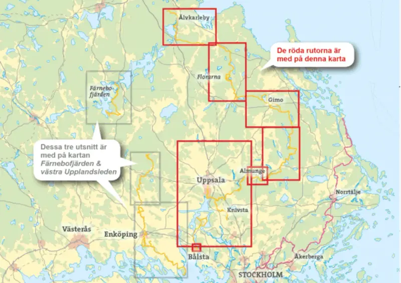 Karta över Upplandsleden med markerade områden kring Uppsala, Älvkarleby och Gimo. Röda rutor visar kartans utsnitt.