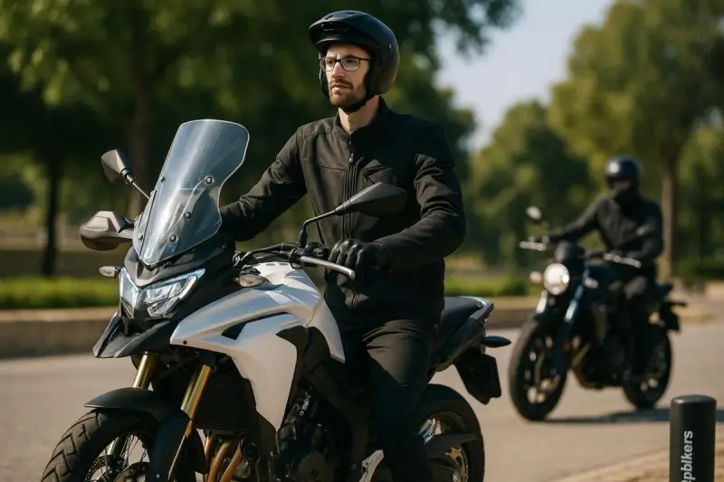 Uomo alto 1.90 in sella a una moto da turismo bianca, con un altro motociclista sullo sfondo.