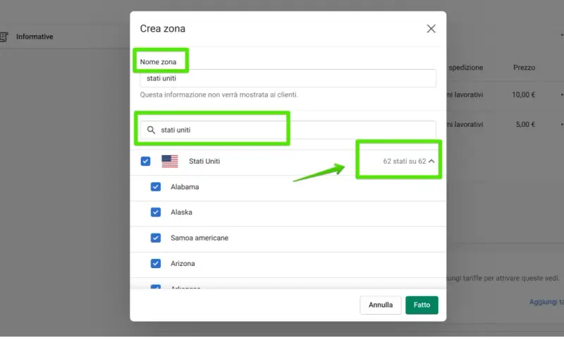 Configurazione spedizione Shopify: selezione "Stati Uniti" come zona, con 62 stati su 62 inclusi.