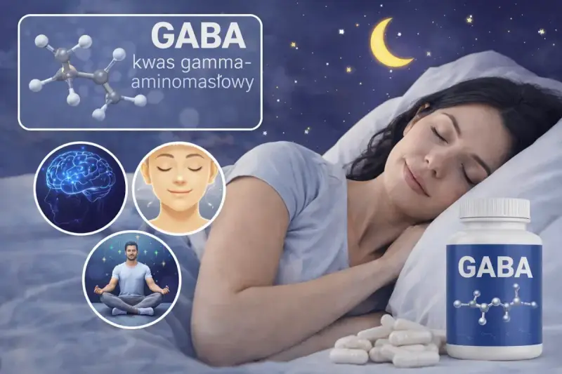Kobieta śpi spokojnie, obok buteleczka suplementu GABA. Obrazek sugeruje relaks i dobry sen dzięki GABA.