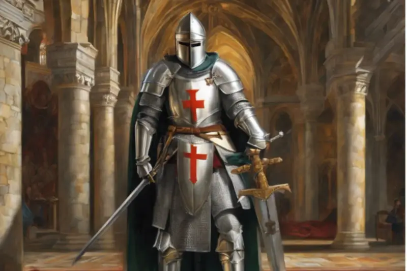 Rycerze Chrystusa w lśniących zbrojach, z mieczami i tarczami, stoją w majestatycznej katedrze.