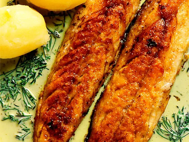 Två gyllene filéer av stekt makrill i en krämig sås med dill och kokt potatis.