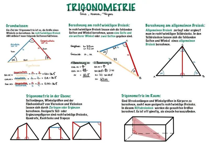 Grundlagen der Trigonometrie: Ein rechtwinkliges Dreieck mit Seiten und Winkeln. Formeln für Sinus, Kosinus, Tangens.