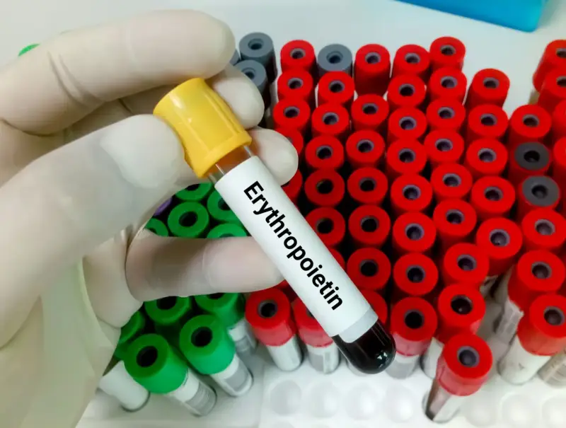 Ręka w rękawiczce trzyma probówkę z napisem "Erytropoetyna" na tle wielu innych probówek.