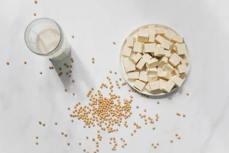 Tofu en cubos, leche de soja y semillas de soja. La nattokinase que es, se deriva de la soja fermentada.