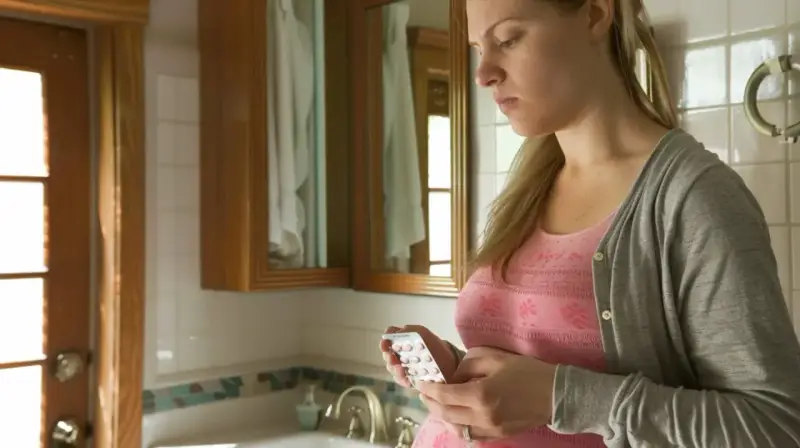 Zmartwiona ciężarna kobieta trzyma blister tabletek. Czy amoksycylina w ciąży jest bezpieczna?