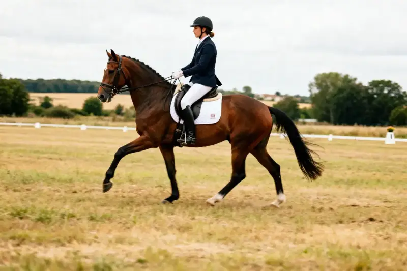 Une cavalière en tenue de compétition exécute un mouvement de dressage sur son cheval bai dans un pré.