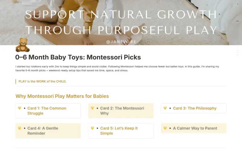 Uroczy miś obok nagłówka "0-6 Month Baby Toys: Montessori Picks". Artykuł o zabawki tiny love i rozwoju dziecka.